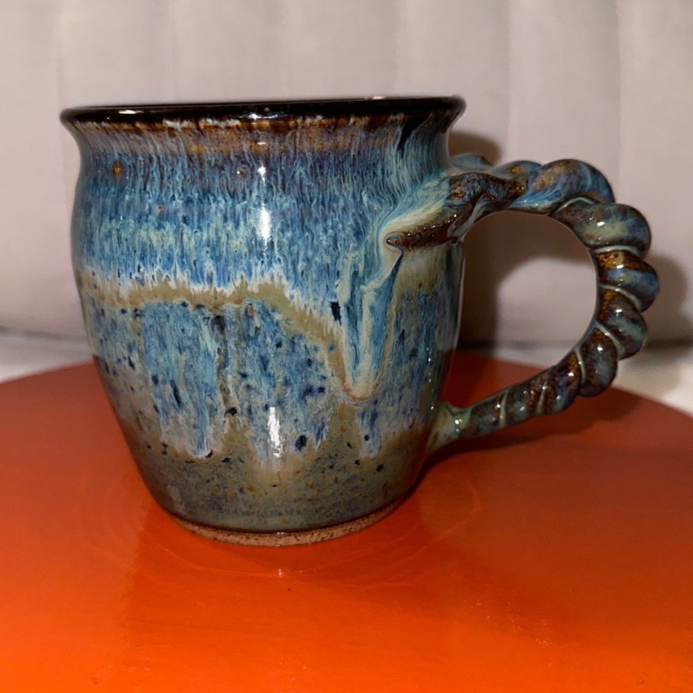 Handmade Artist Signed Mug Blue Teal Tan Gray